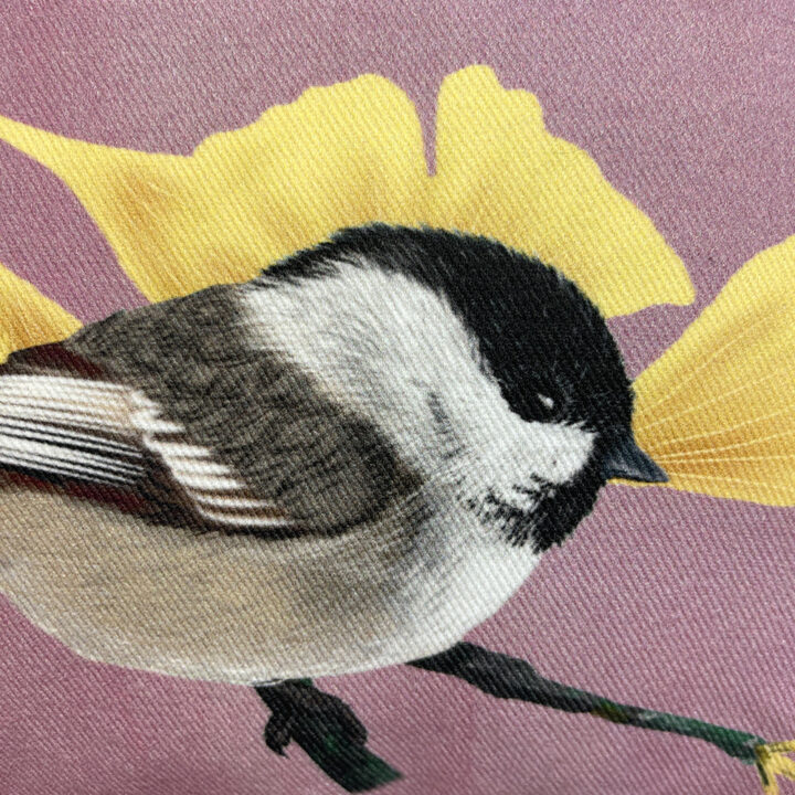 Handmade Cushion Cover Chickadees on Lilac - Image 2