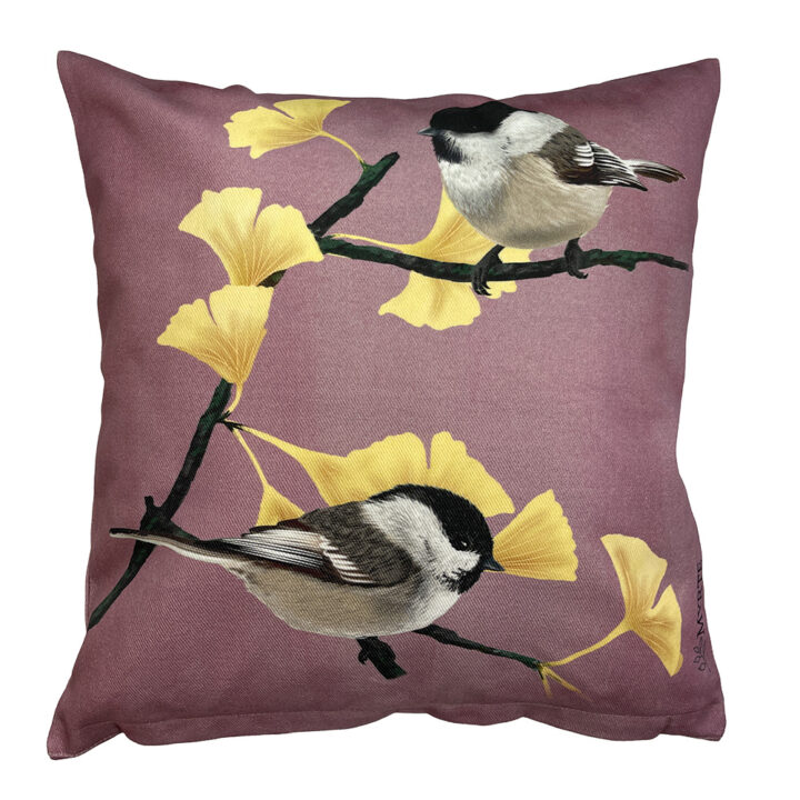 Handmade Cushion Cover Chickadees on Lilac