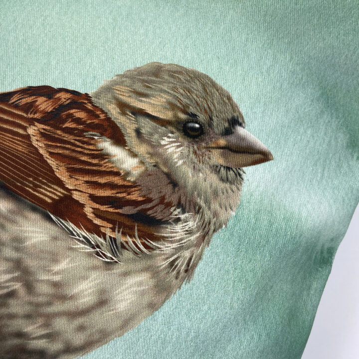 Handmade Cushion Cover House Sparrow B on sage - Image 6